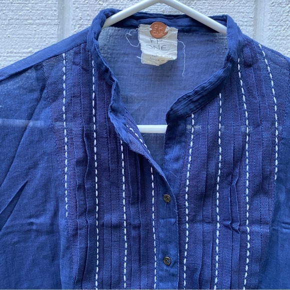 Free People One XS Navy Blue Button Front Sheer Long Sleeve Top - Picture 3 of 9